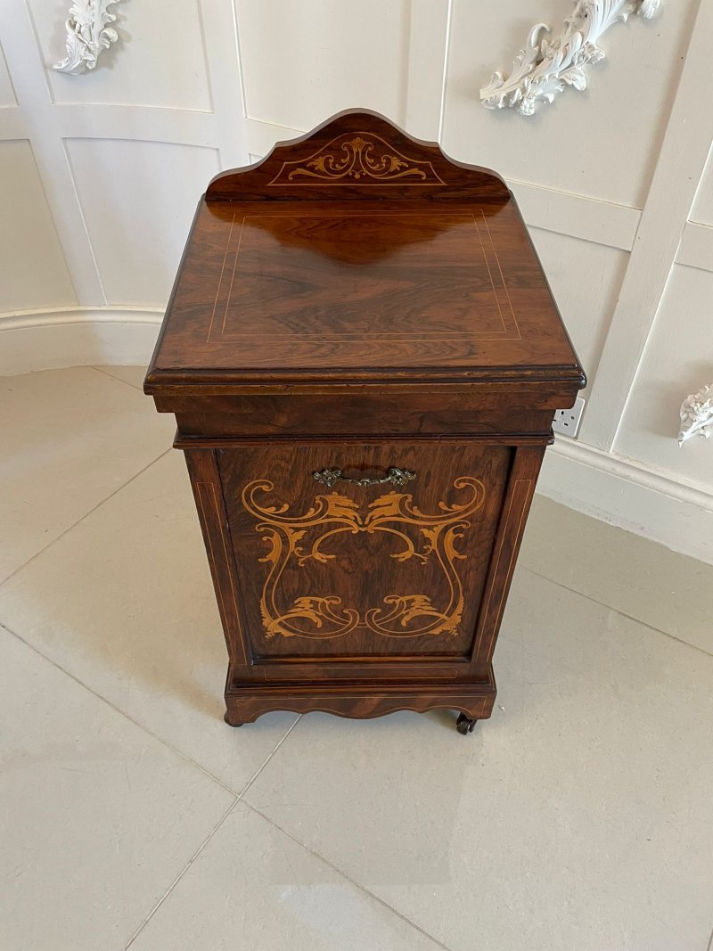 Antique Edwardian Freestanding Quality Rosewood Inlaid Coal Cabinet - Image 5